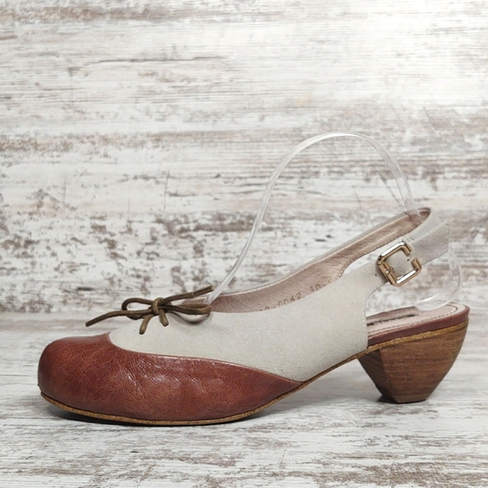 🟧Sz40.5 All Black Cream Suede Brown Leather Slingback Heels